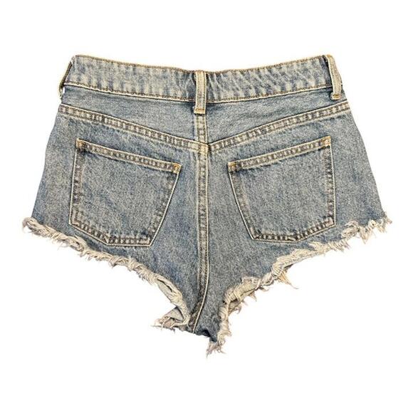 Topshop 'Kiri' High Waisted Light-Wash Frayed/Raw Hem Denim Jean Shorts sz 4 - Picture 4 of 5